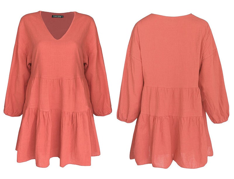 FANCYINN Summer Shift Tunic Dress for Women Lantern Long Sleeve Causal Vneck Babydoll Ruffle Mini Dress Tangerine M - Image 5